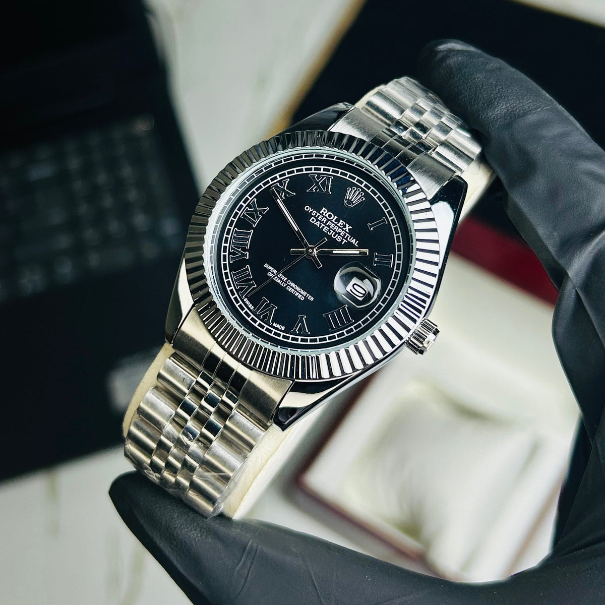 Rollie Silver Chain Black Dial Date Watch