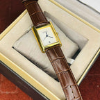 Cartier Tank Brown Leather Strap Black Dial Quartz Wrist Watch For Men's