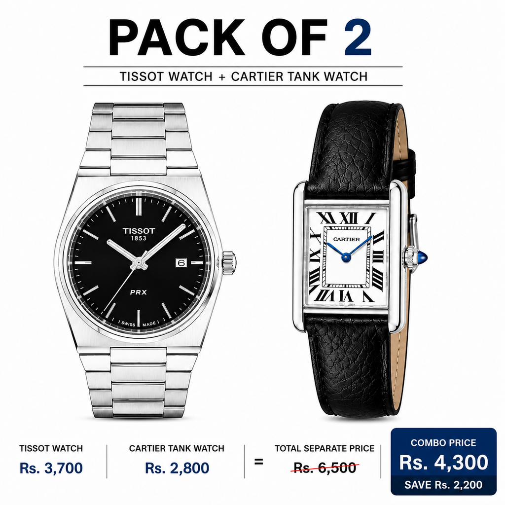 Tissot Men’s Black Dial & Cartier Tank Watch – Premium 2 Watch Combo