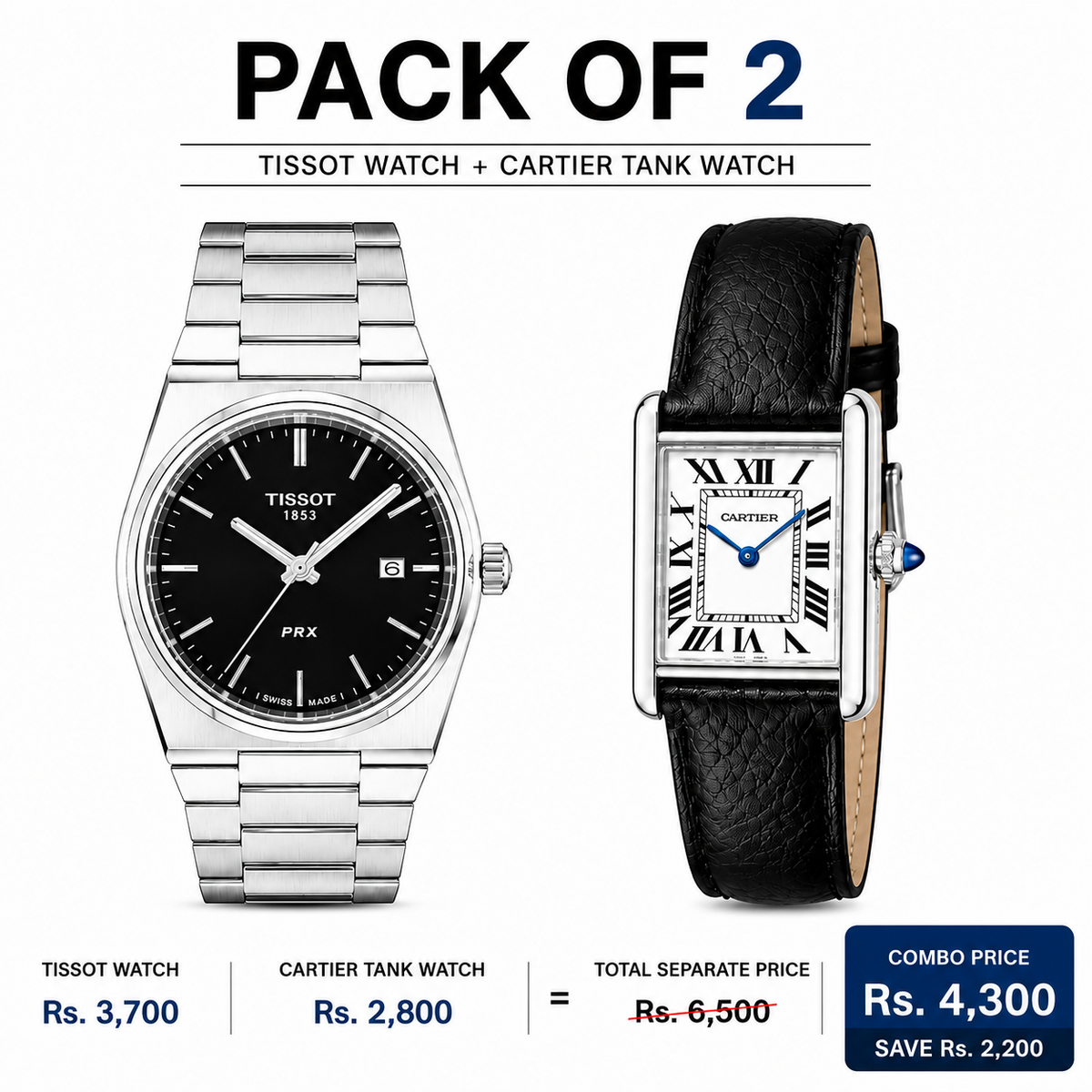 Tissot Men’s Black Dial & Cartier Tank Watch – Premium 2 Watch Combo