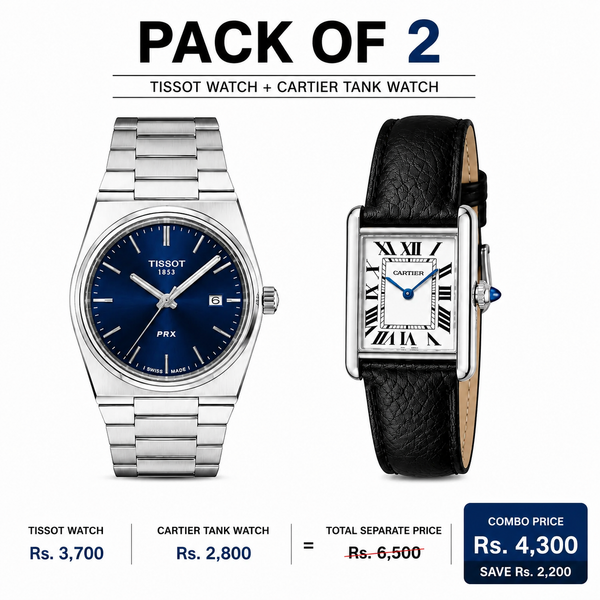 Tissot Men’s Blue Dial & Cartier Tank Watch – Premium 2 Watch Combo