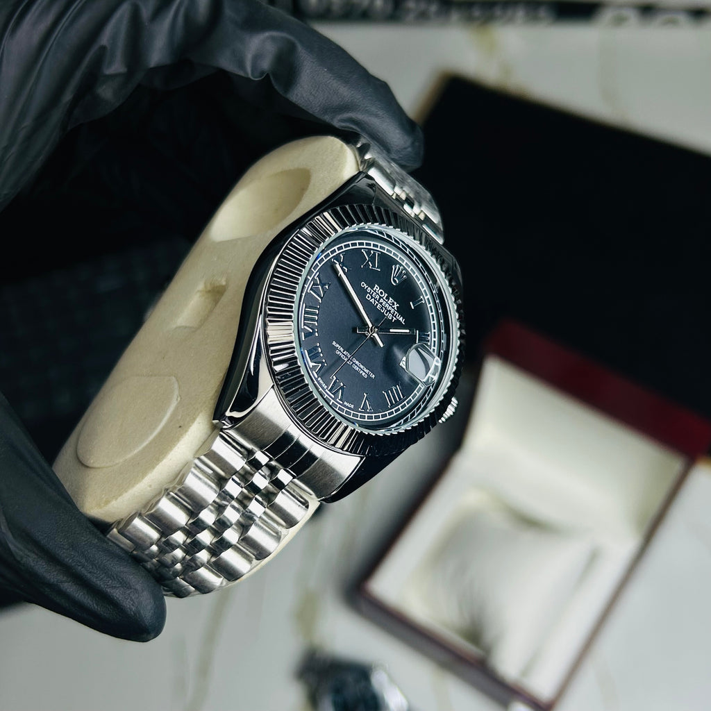 Rollie Silver Chain Black Dial Date Watch