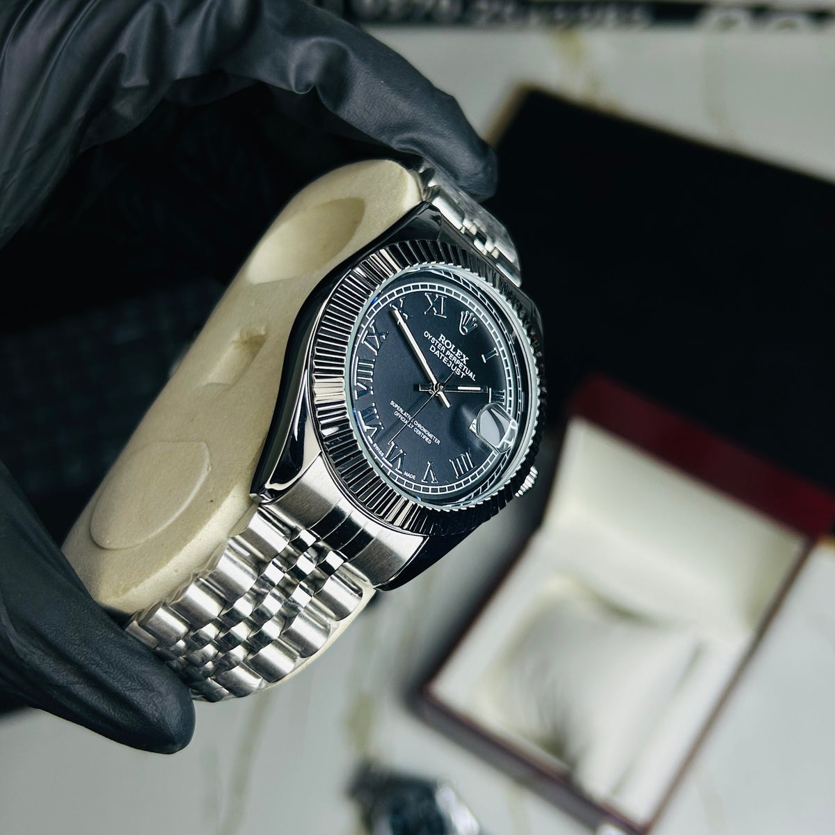 Rollie Silver Chain Black Dial Date Watch