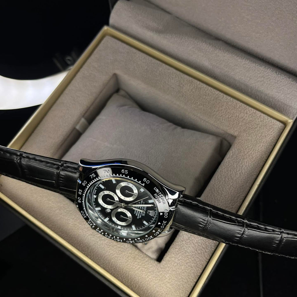 RLX Men's Daytona Black Leather Strap Black Dial Watch