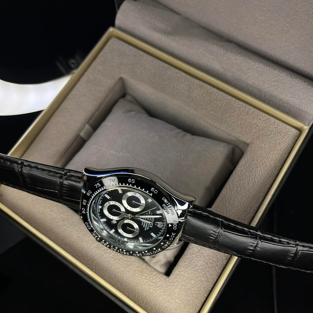 RLX Men's Daytona Black Leather Strap Black Dial Watch