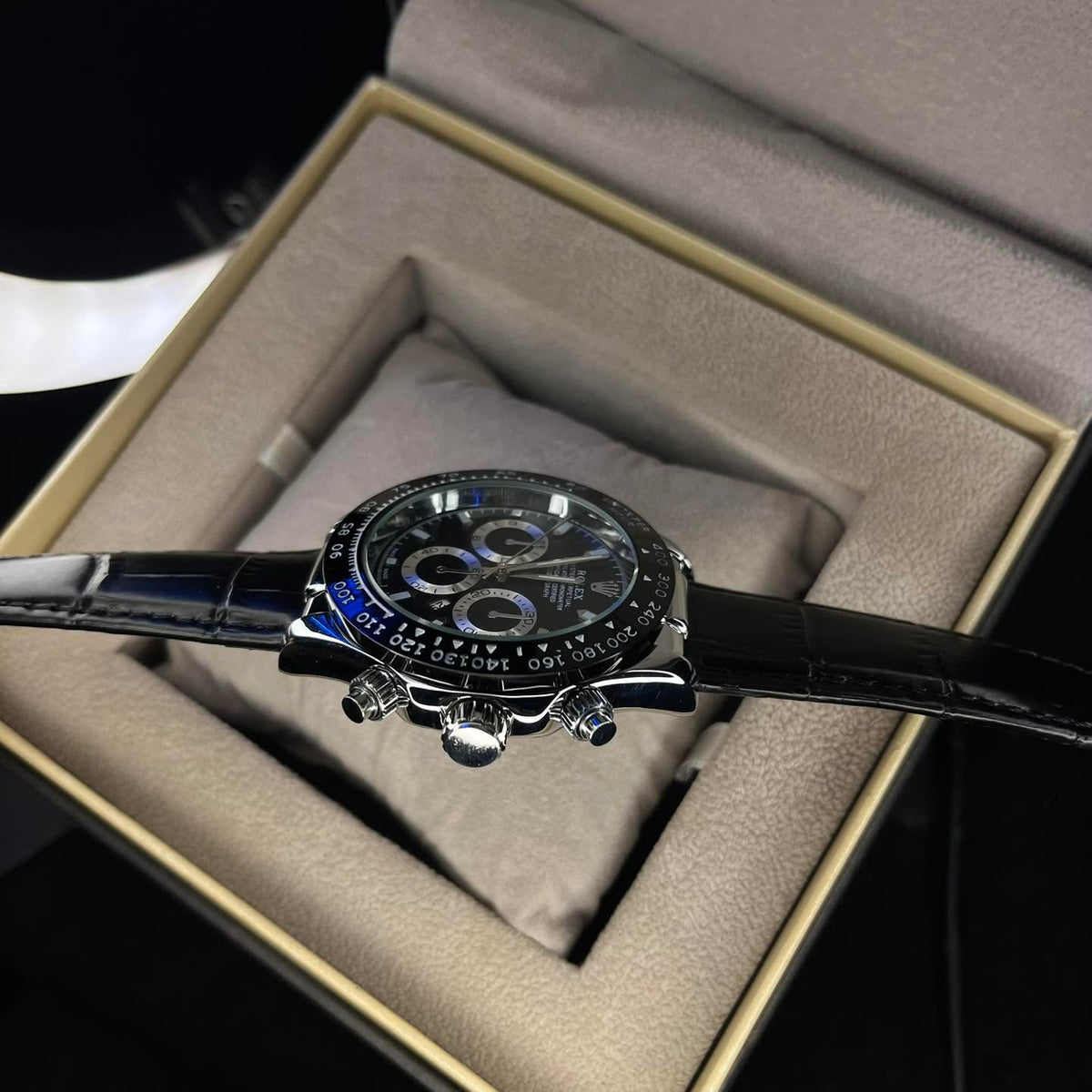RLX Men's Daytona Black Leather Strap Black Dial Watch