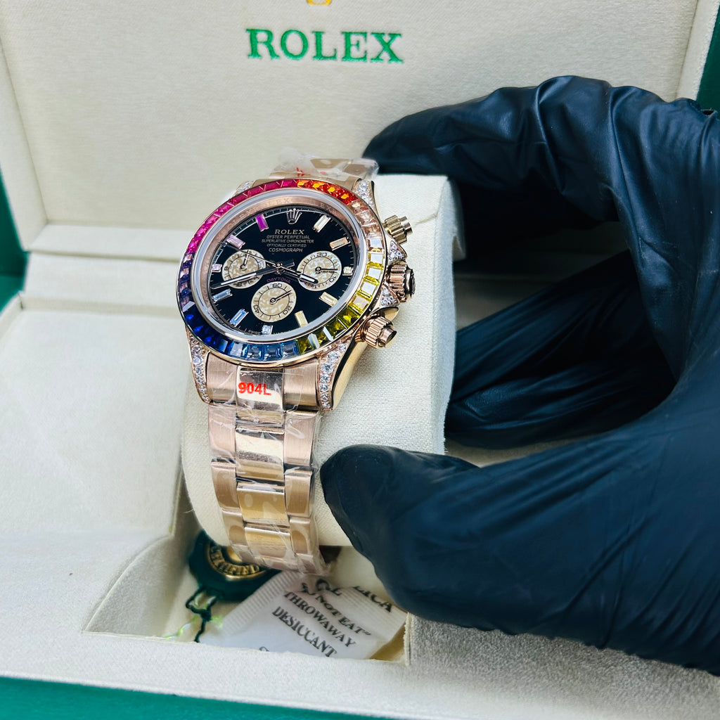 RLX Rainbow Fully Automatic Cosmograph Rosé Gold Black Dial Watch