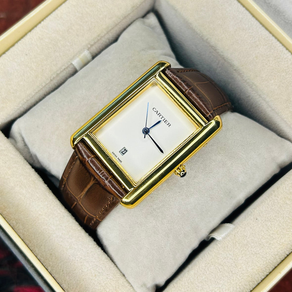Cartier Tank Brown Leather Strap Black Dial Quartz Wrist Watch For Men's