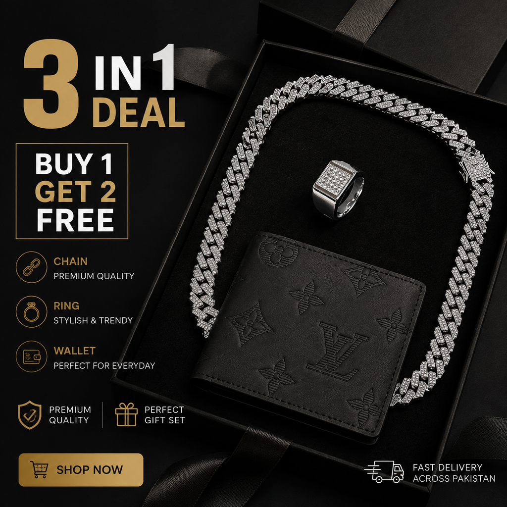 3-in-1 Men's Chain Gift Set – Premium Cuban Chain with Free Ring & Wallet