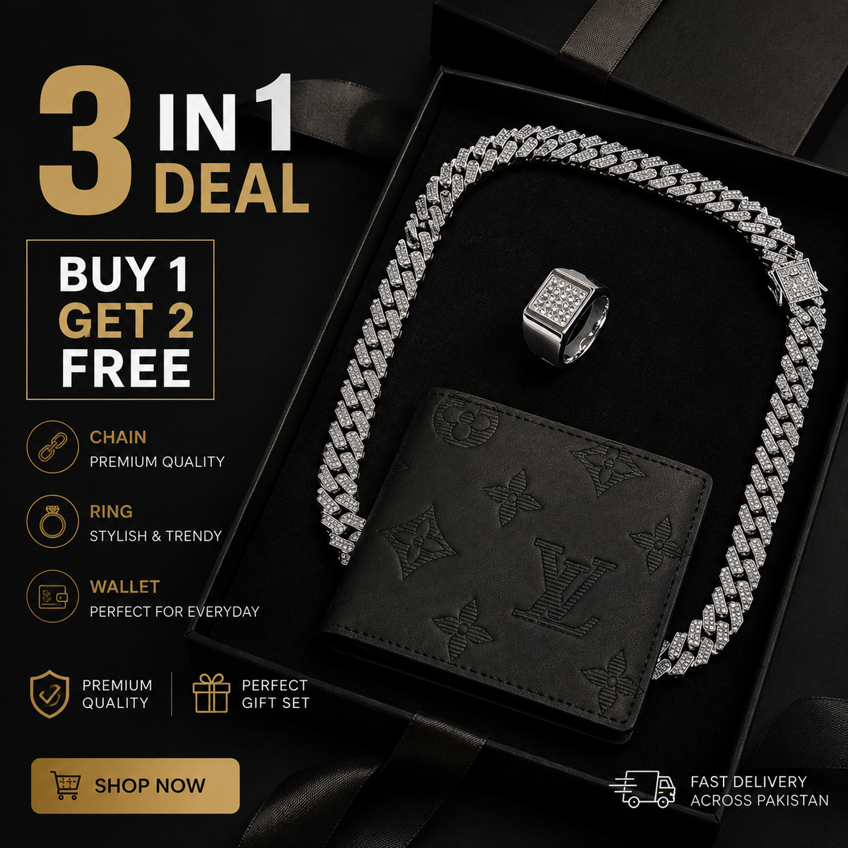 3-in-1 Men's Chain Gift Set – Premium Cuban Chain with Free Ring & Wallet