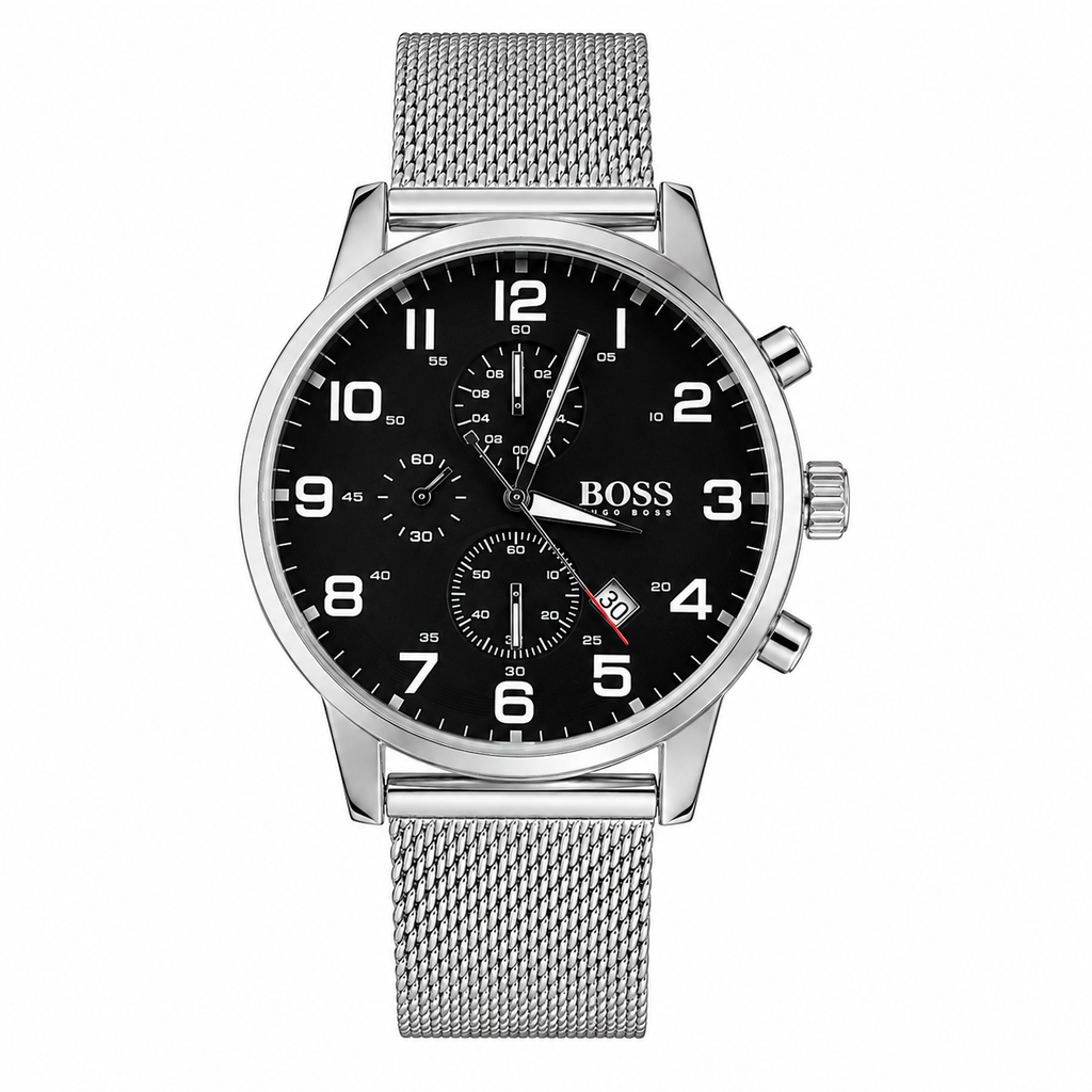Hugo Boss Men’s Silver Mesh Strap Black Chronograph Dial Watch (Premium Edition)