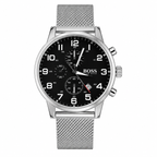 Hugo Boss Men’s Silver Mesh Strap Black Chronograph Dial Watch (Premium Edition)