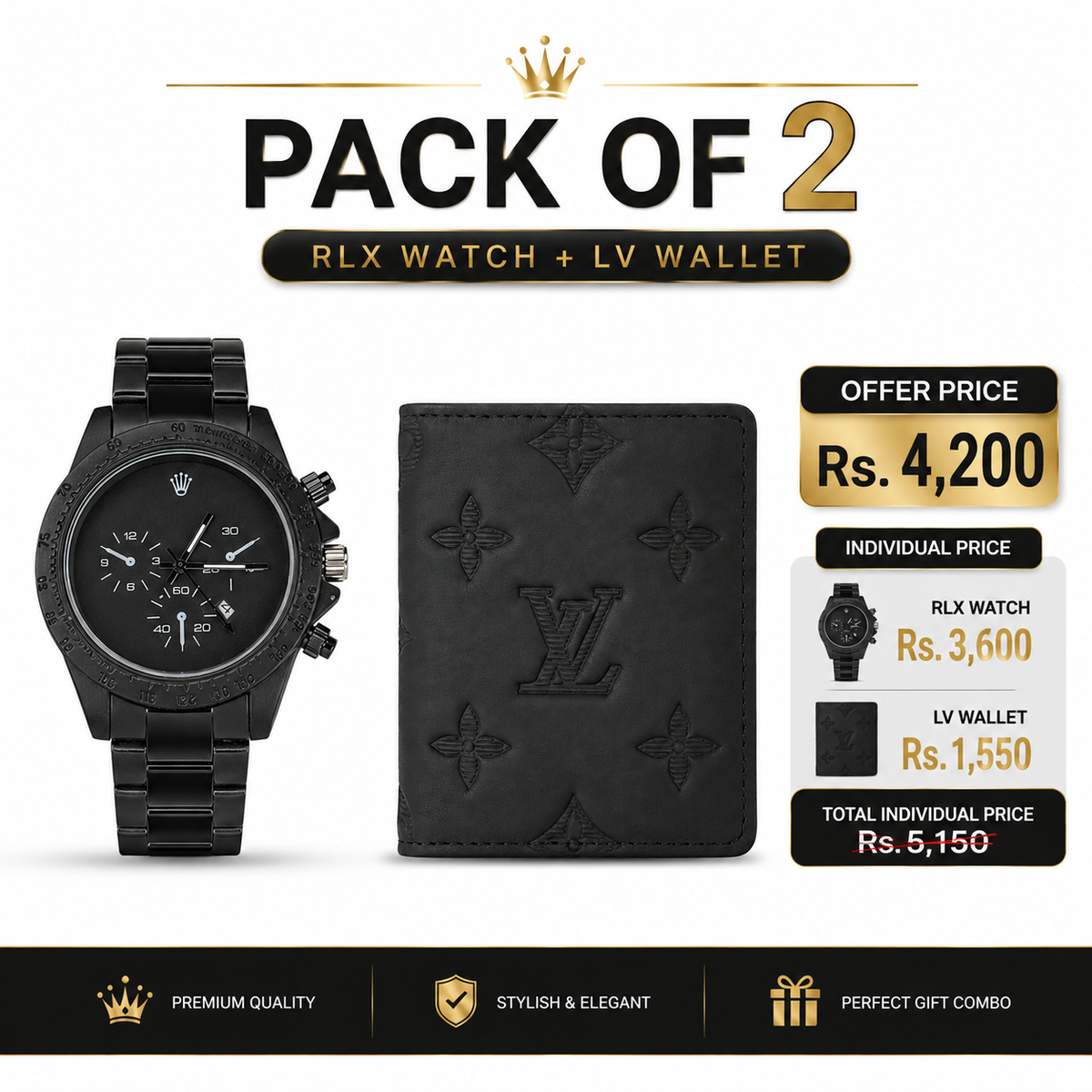 RLX Men’s Black Chronograph Watch & LV Wallet Pack of 2