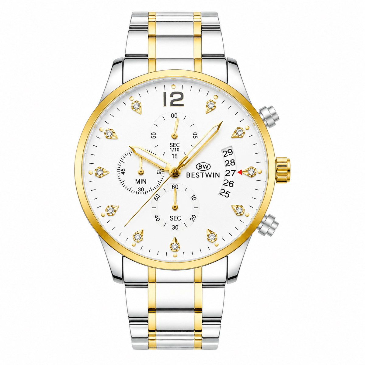 BESTWIN Luxury Men's Chronograph Silver Stainless Steel Watch