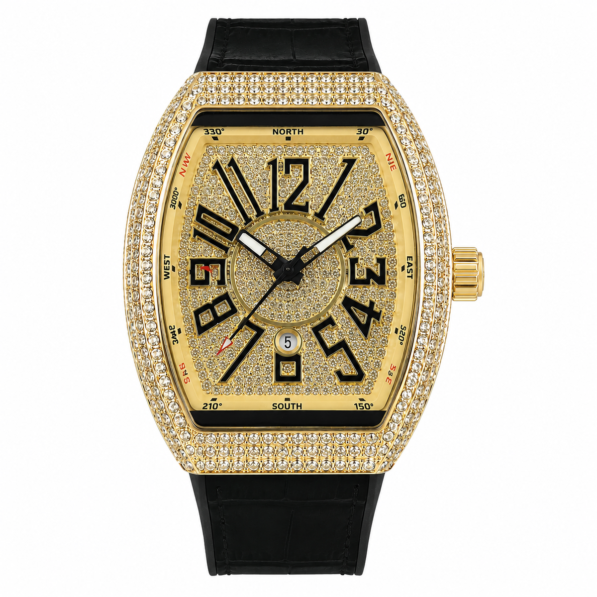A luxury watch with a gold-tone case encrusted with clear stones, a textured gold dial with black Arabic numerals, and a black leather strap, shown against a plain white background.