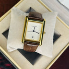 Cartier Tank Brown Leather Strap Black Dial Quartz Wrist Watch For Men's