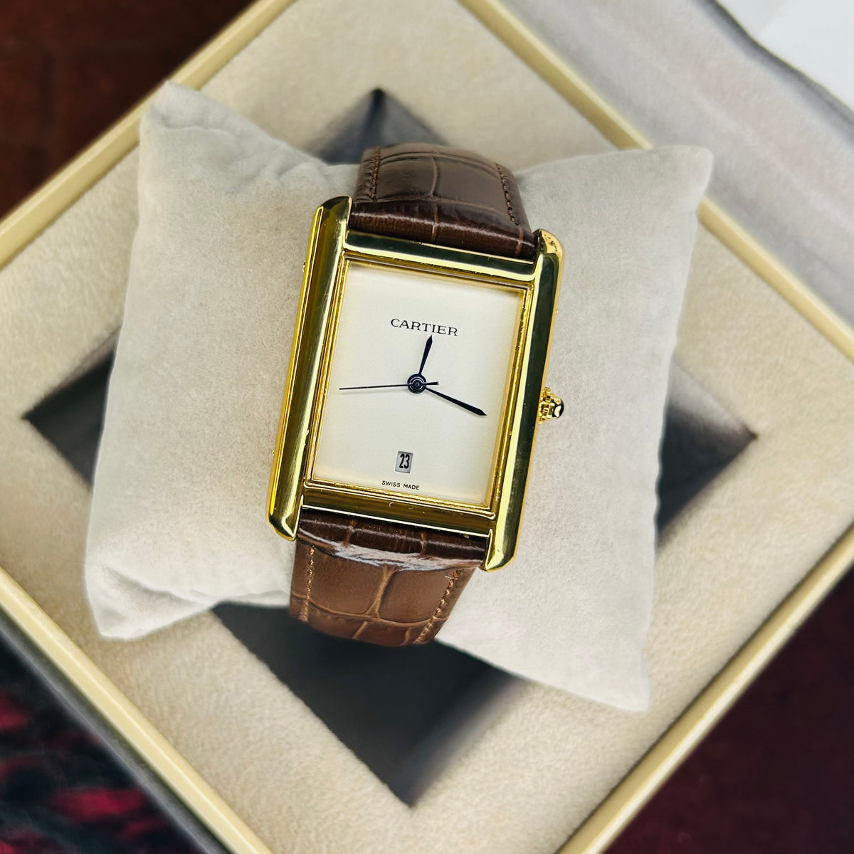 Cartier Tank Brown Leather Strap Black Dial Quartz Wrist Watch For Men's