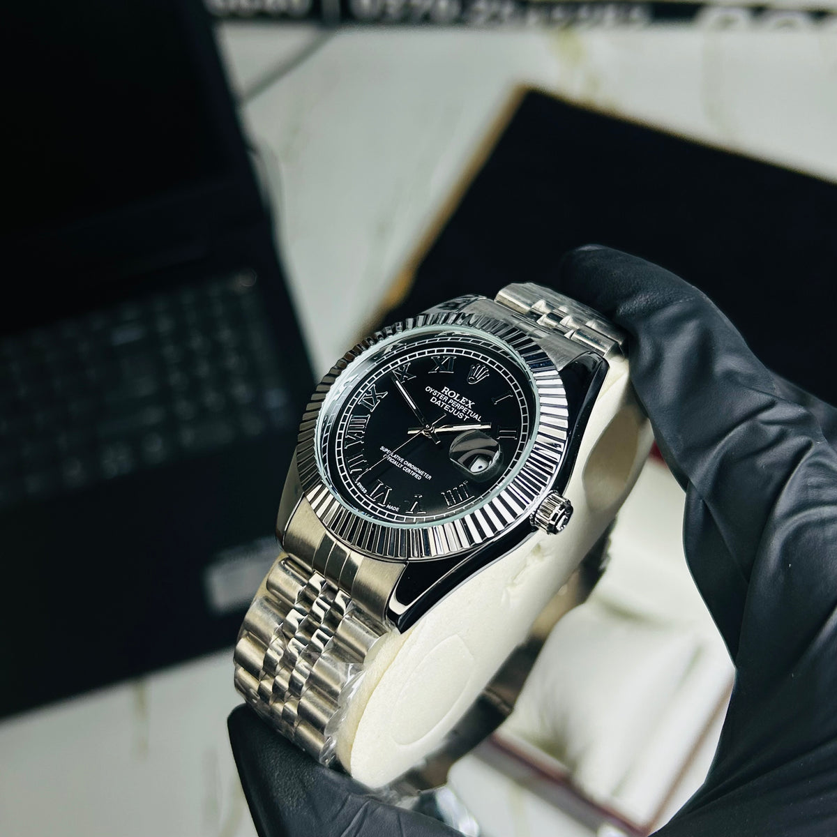 Rollie Silver Chain Black Dial Date Watch