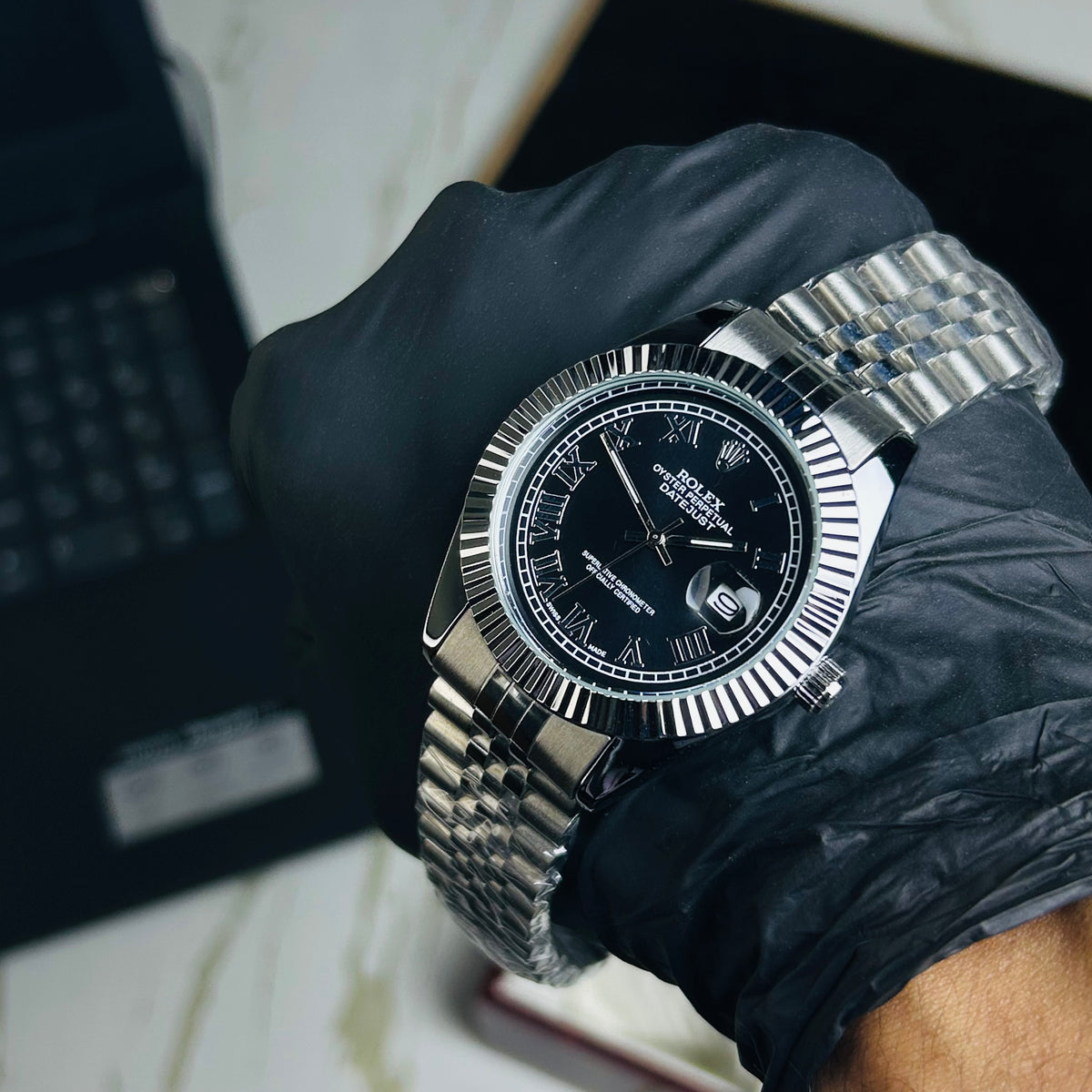 Rollie Silver Chain Black Dial Date Watch