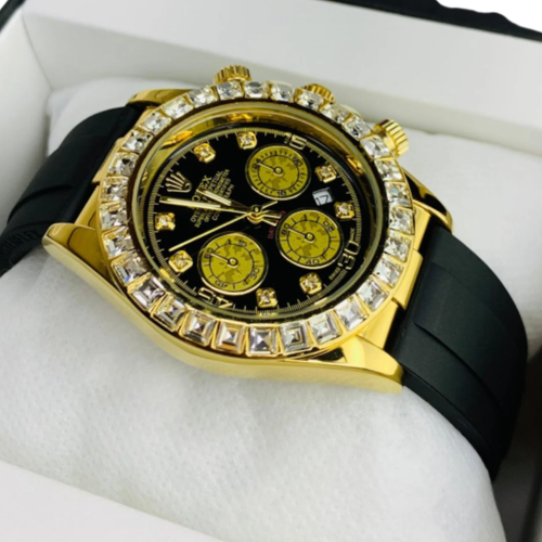 Rollie Daytona Gold Diamond Bezel Black Dial Watch for Men