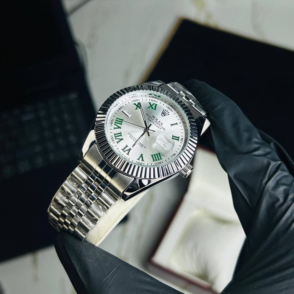 Rollie Silver Chain Silver Sunray Dial Date Watch