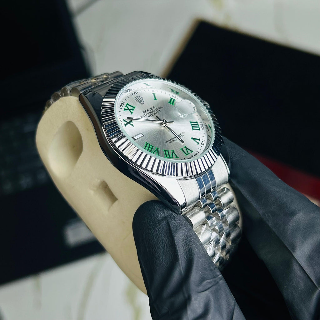 Rollie Silver Chain Silver Sunray Dial Date Watch