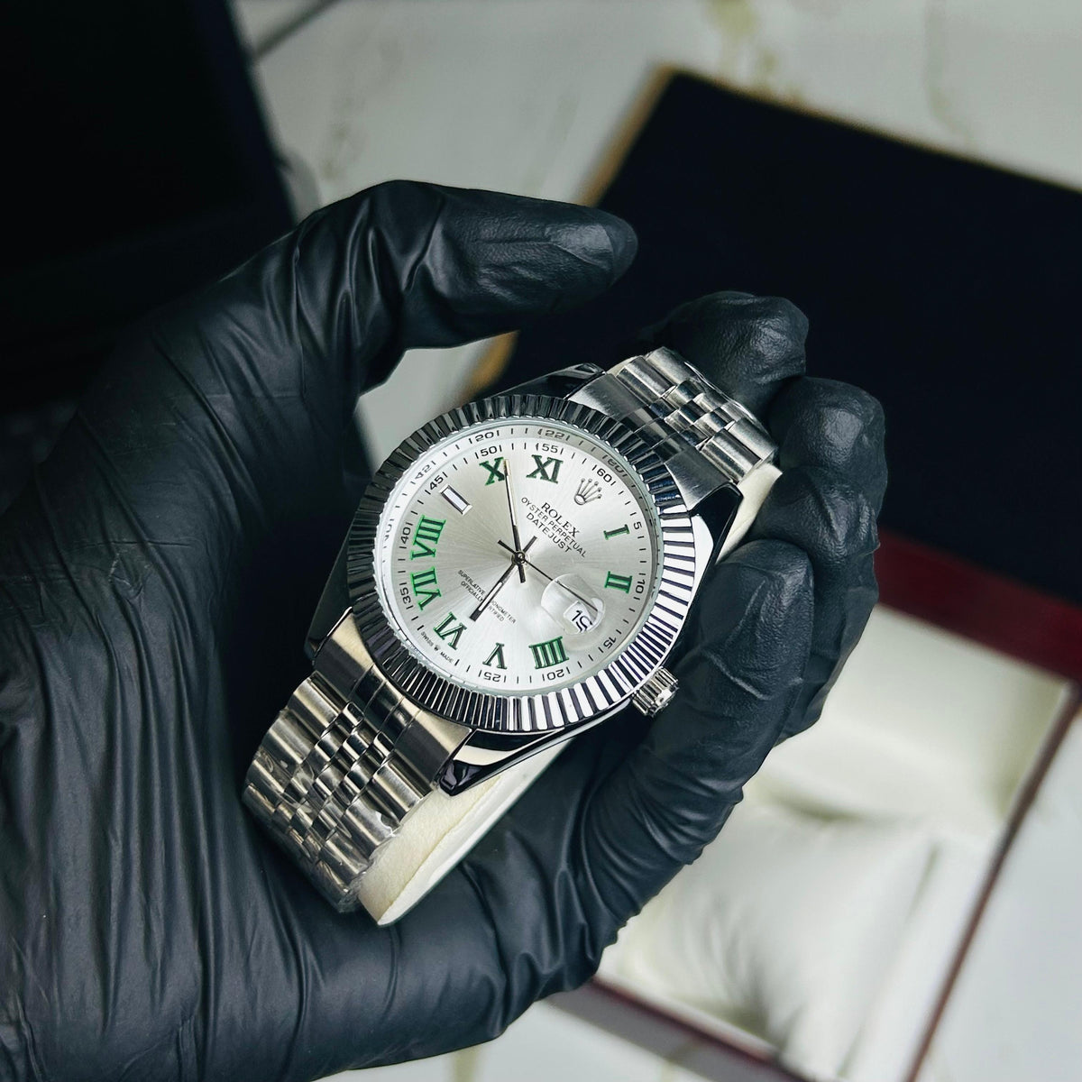 Rollie Silver Chain Silver Sunray Dial Date Watch