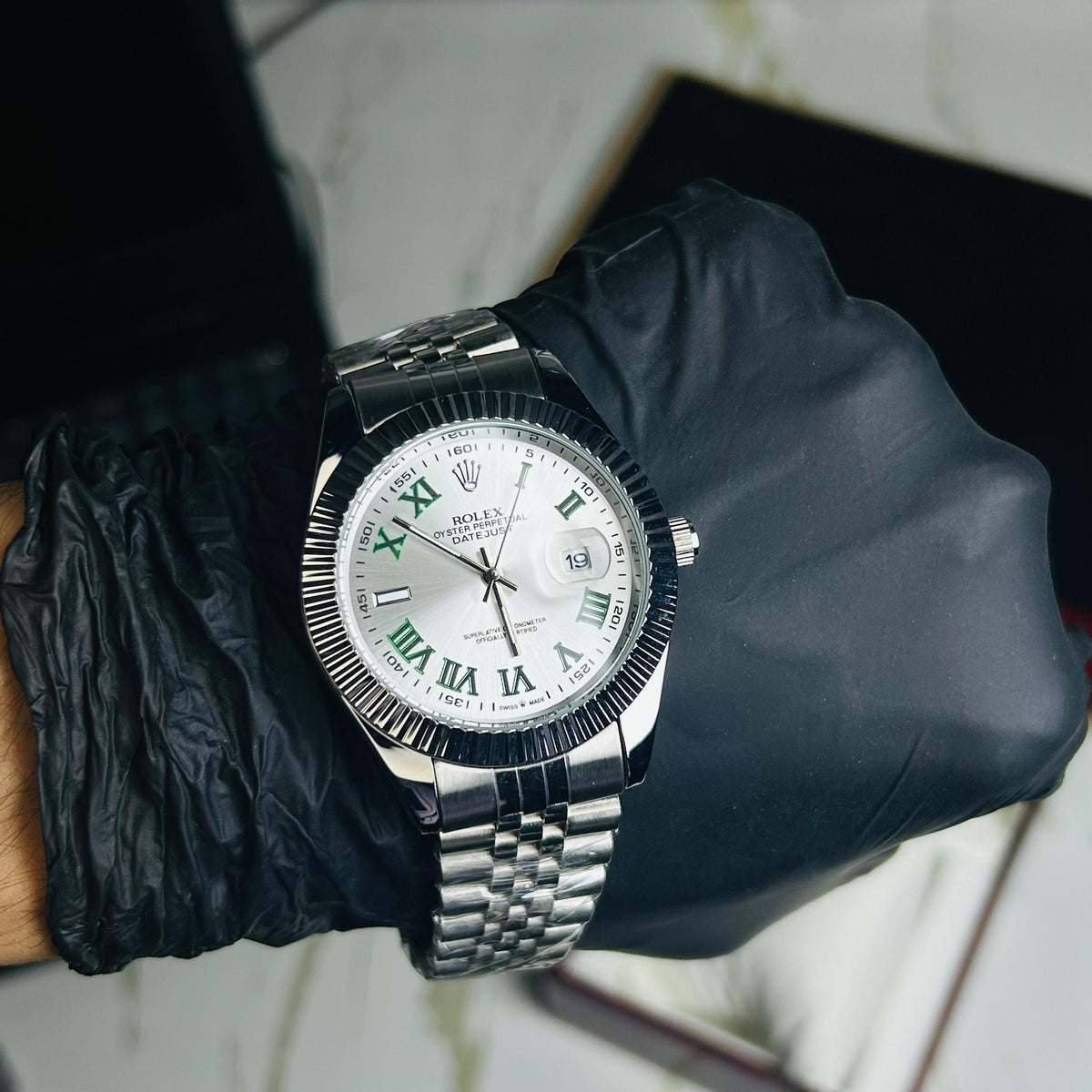 Rollie Silver Chain Silver Sunray Dial Date Watch