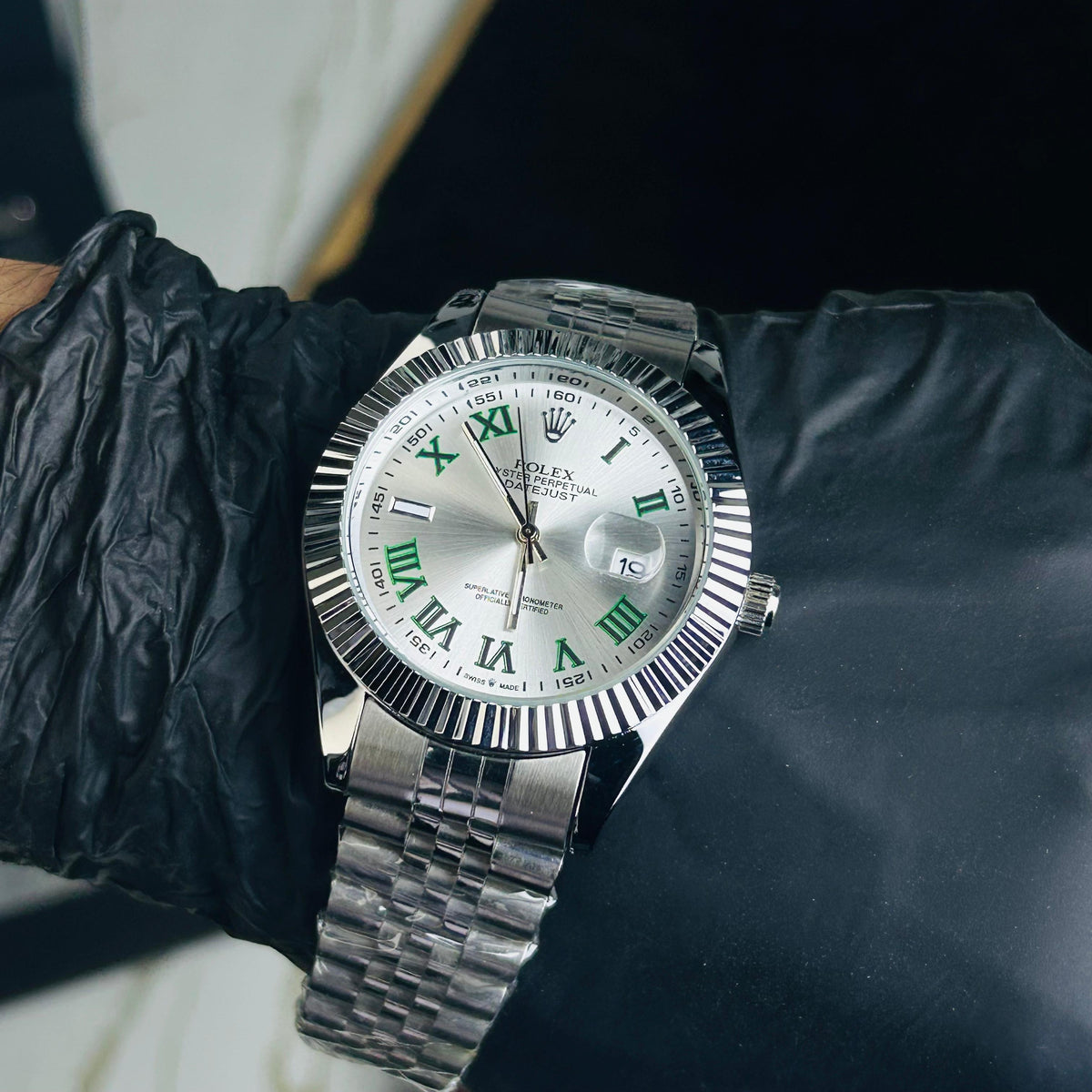 Rollie Silver Chain Silver Sunray Dial Date Watch