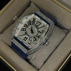 Franck Muller Silver Diamond Dial Blue Hybrid Strap Date Function Quartz Watch For Men