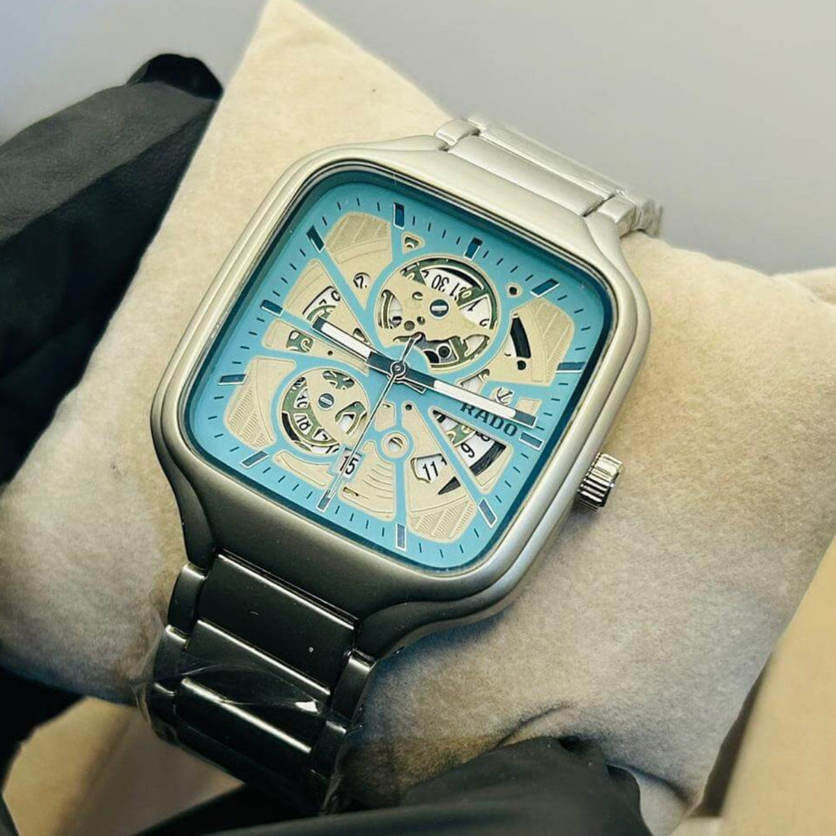 Rado Men's Skeleton Sky Blue Dial Silver Chain Watch