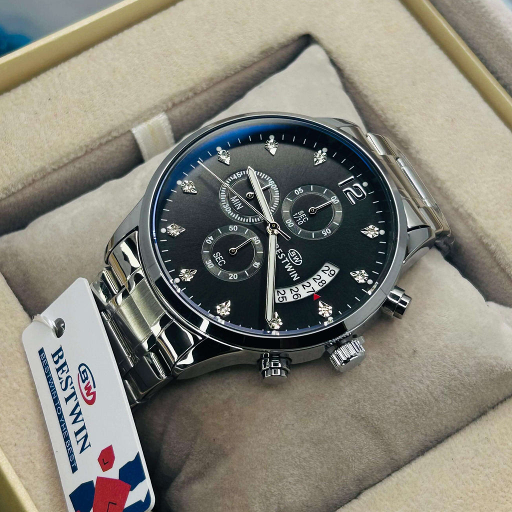 BESTWIN Luxury Men's Chronograph Silver Stainless Steel Watch
