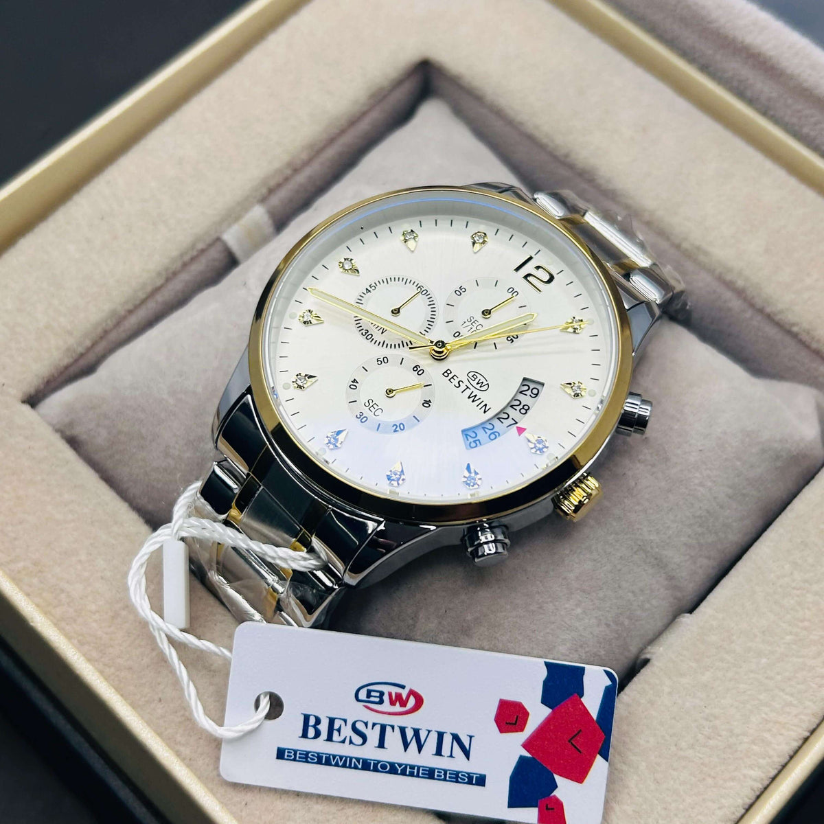 BESTWIN Luxury Men's Chronograph Silver Stainless Steel Watch