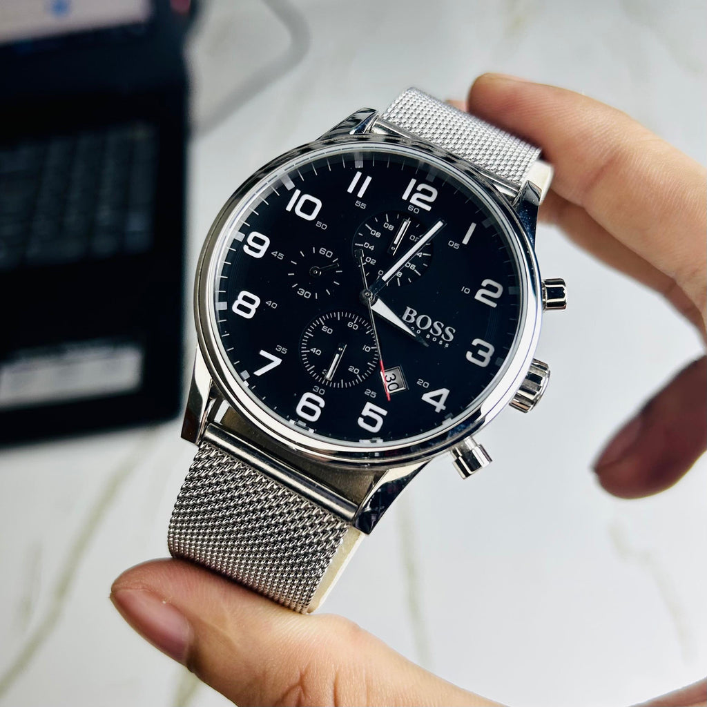 Hugo Boss Men’s Silver Mesh Strap Black Chronograph Dial Watch (Premium Edition)