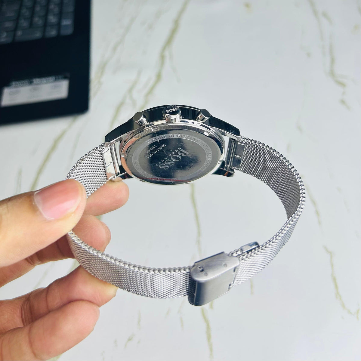 Hugo Boss Men’s Silver Mesh Strap Black Chronograph Dial Watch (Premium Edition)