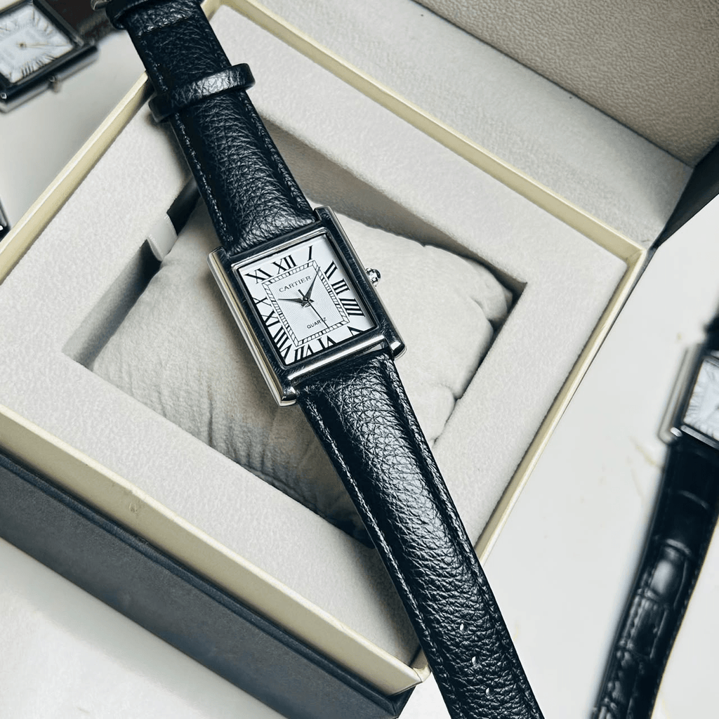 Cartier Tank White Roman Dial Leather Strap Date Watch
