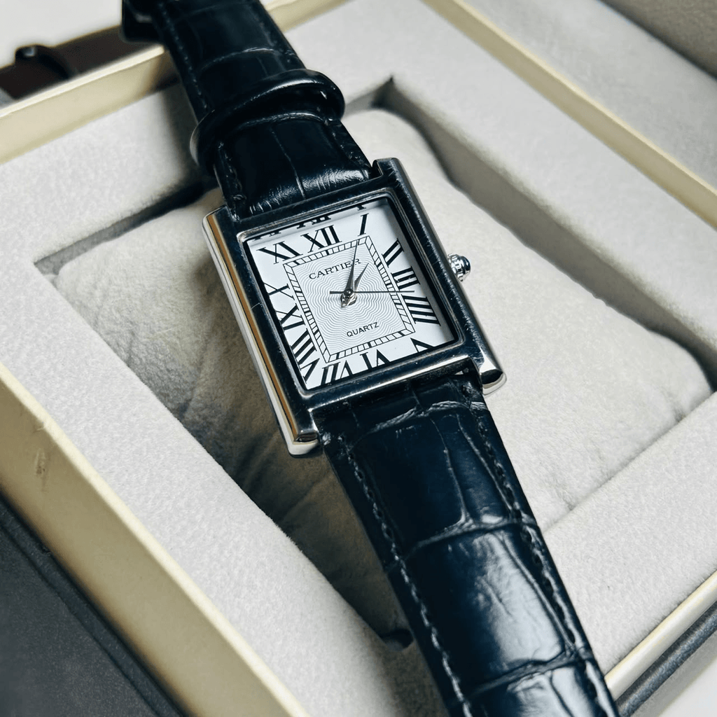 Cartier Tank White Roman Dial Leather Strap Date Watch