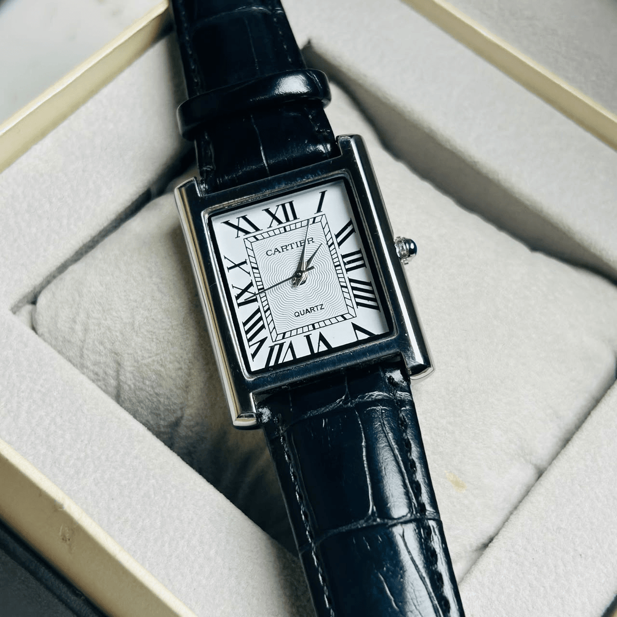 Cartier Tank White Roman Dial Leather Strap Date Watch