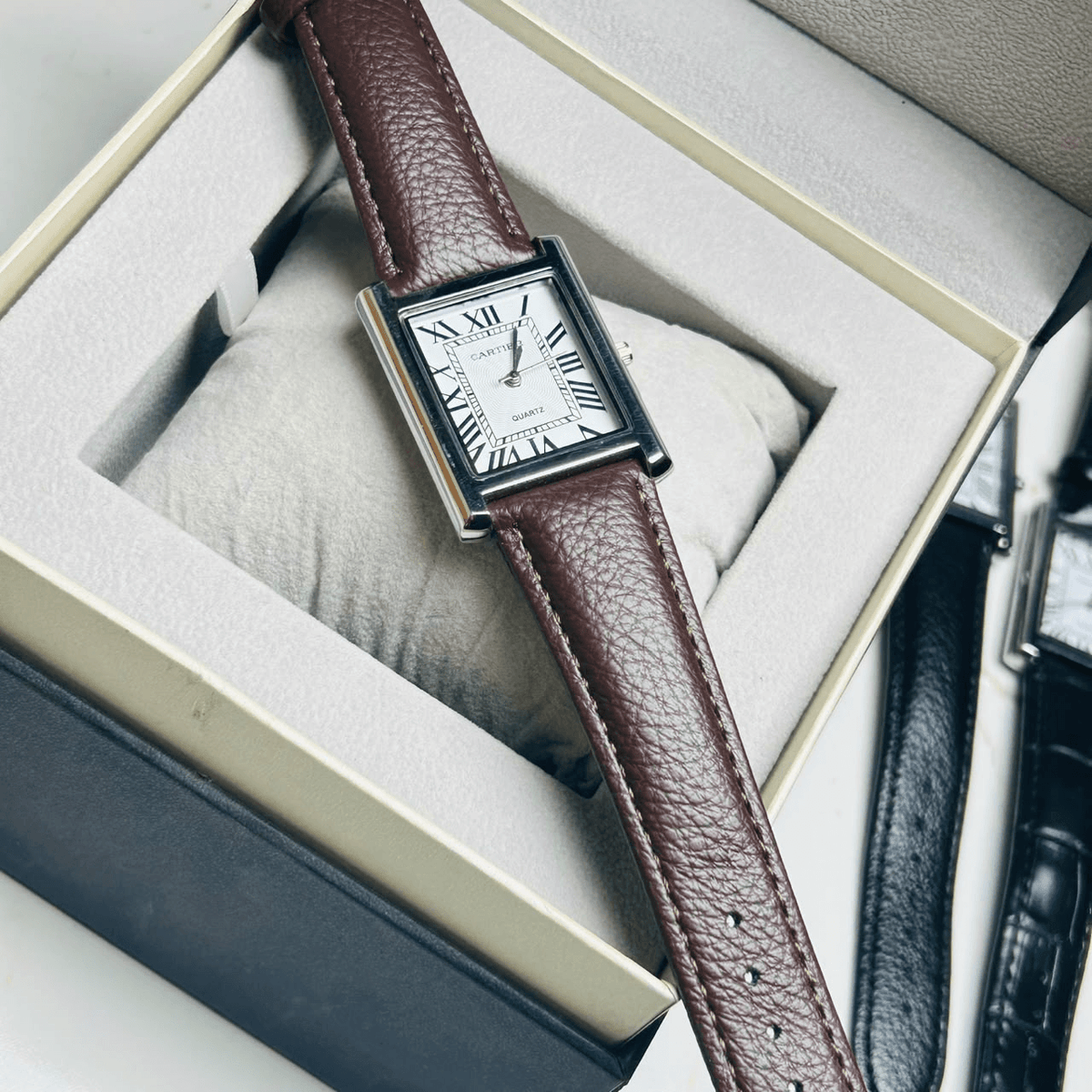 Cartier Tank White Roman Dial Leather Strap Date Watch