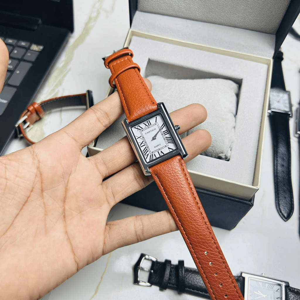 Cartier Tank White Roman Dial Leather Strap Date Watch