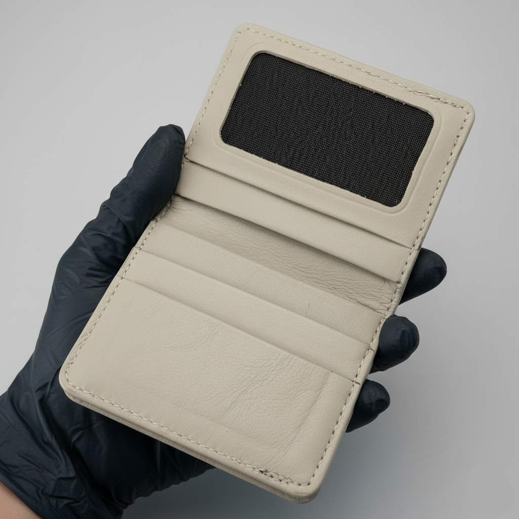A close-up of a light beige leather wallet held by a hand wearing a black glove. The wallet is open, showing a black mesh ID window on the inside cover, multiple card slots, and a textured leather interior.